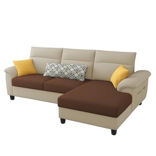 Image of Casaliving Seams RHS 4 Seater L Shape Sofa for Living Room (Cream Brown Fabric) Premium Fabric Sofa