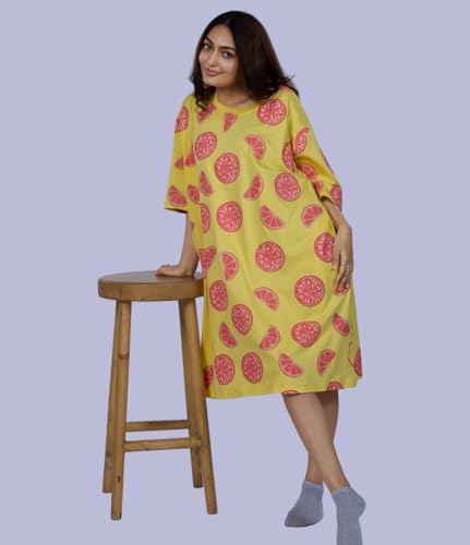 Image of LAMA STORE Women's Printed Oversized T-Shirt Dress, Cotton, 3 /4 Sleeve Length, Casual Loose Fit, Comfort Wear Extra Comfy Oversized Printed Pocket T-Shirt Dress