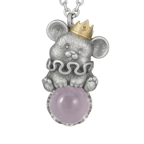 王冠ねずみ モチーフ ペンダント 925シルバー ローズクォーツ 手作り レディース 可愛い ジュエリー ギフトにも最適 (ペンダントのみ)