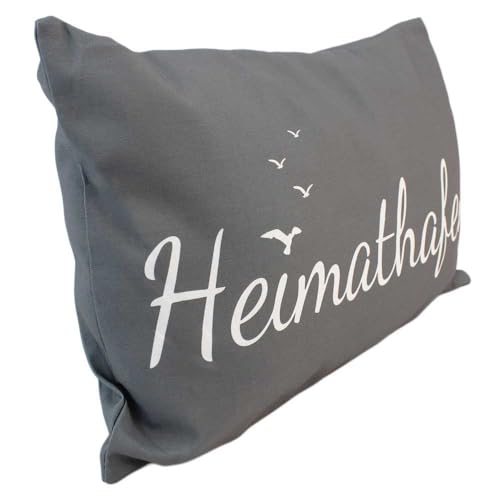 BEMIRO Heimathafen Dekokissen, 53x31 cm, Grau mit Weißer Schrift und Möwen, Polyester