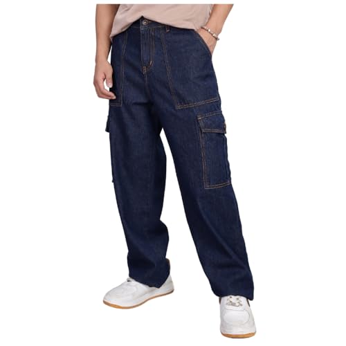 INKD Men's Cargo Baggy Jeans – Mid-Rise | 100% Cotton | Contrast ...
