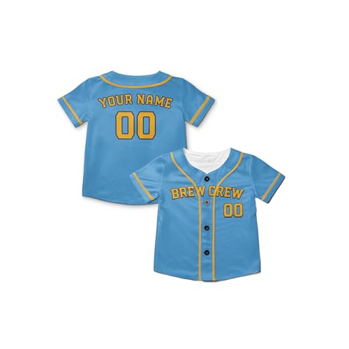 Camiseta personalizada de béisbol con impresión Brew Crew para hombre, mujer, juvenil, niños y bebés - Añade tu nombre y número - Opciones con y sin ribetes Celeste miniatura 6