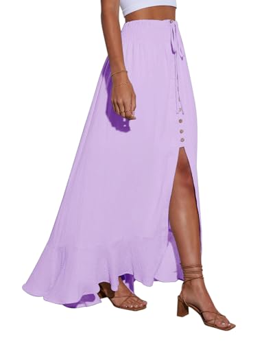 Image of Minclouse Women's Elastic Tie Waist Button Down Maxi Skirts Casual Loose Flowy Swing Slit Front Dress