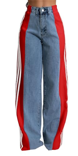 Recious Womens Sexy High Waist Printed Colorblock Bodycon Wide Leg Party Clubwear Denim Pants Jeans3