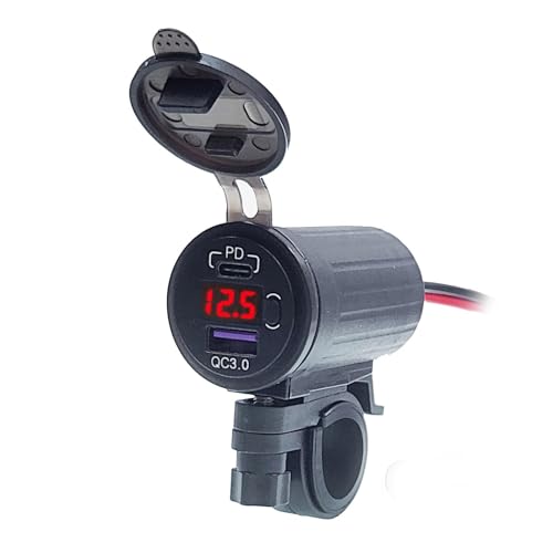 バイク用USB充電器、バイク用携帯電話充電器,ダブルポートオートバイUSB充電アダプター | LED電圧計ディスプレイ、ボート、オートバイ、トラックなど用の防水オートバイUSB充電器コンセント