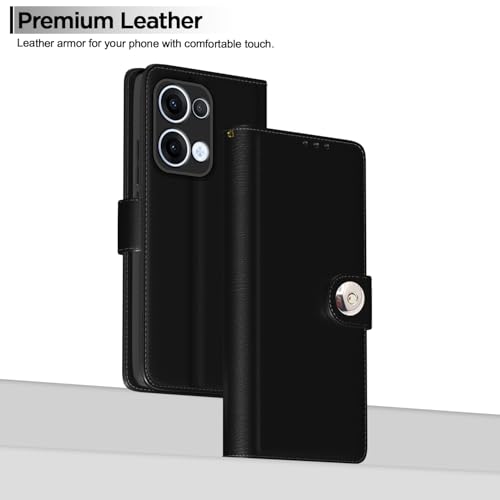 Image of Pikkme Flip Cover Leather Finish | Inside TPU with Card Pockets | Wallet Stand and Shock Proof | Complete Protection Button Flip Case for Oppo Reno 13 5G(Black)