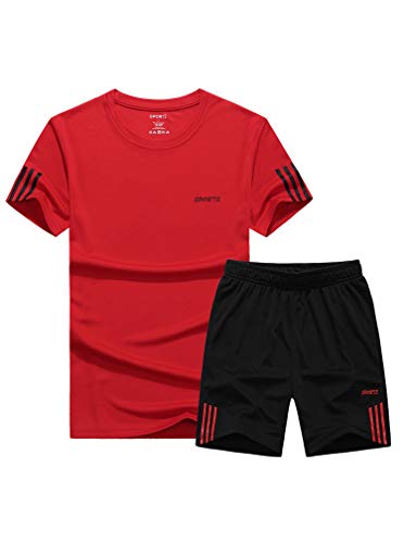 PASOK Men's Casual Tracksuit Short Sleeve Athletic Sports T-Shirts and Shorts Suit Set Red XL