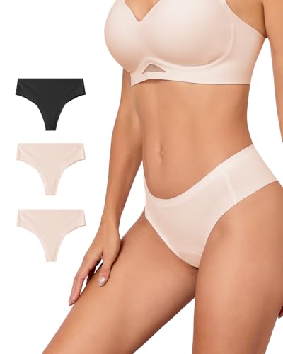 Ubras Anti Camel Toe Underwear Seamless Thongs for Women Comfortable No Show G-String Thongs Breathable Thongs for Gym Black + Nude (3 Pack) M