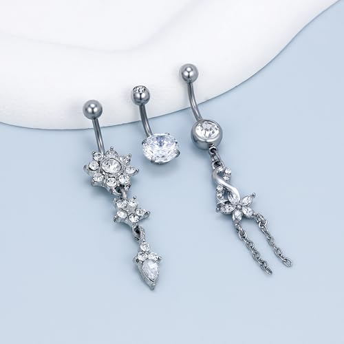 Vsnnsns 14G Dangle Belly Button Ring Piercing Jewelry 316L Stainless Surgical Steel Heart Flower CZ Reverse Navel Rings Dangling Belly Button Ring Piercing Jewelry for Women 14 Gauge Hypoallergenic4