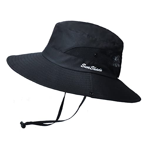 Fgss Women-Sun-Hat Safari-Sun-Protection Bucket - Beach-Outdoor Summer Hat Ponytail-Wide-Brim Breathable (22"-23") Black thumb #3