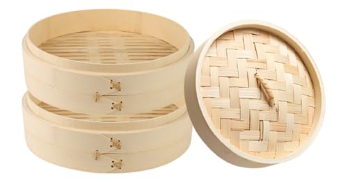 Junbse 天然竹蒸し野菜・小籠包用竹蒸し器 21cm 竹製蒸し器2個、蓋1個、業務用