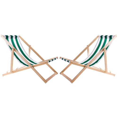Woodok 2 Chaises longues confortables en Bois, sur la plage, Balcon, Terrasse (Rayures vertes)