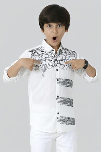 Image of Zilcon Boys Half & Half Long Sleeve Shirts Classic Collared Button-Down Tshirt Solid Cotton Letter Printed Kids & Junior Boys Shirt