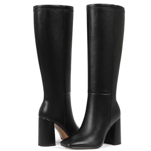 mikarka Women's Square Toe Knee High Boots: Chunky High Heel Tall Boots for Women - Half Zipper Vegan Leather Fashion Long Fall Heeled Boots