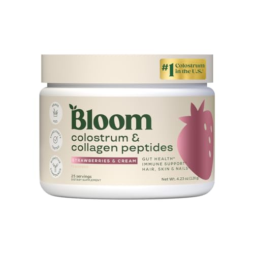 Image of Bloom Nutrition Bovine Colostrum Powder with Vitamin B-12 for Gut Health, Immune Support, Hair Growth & Beauty Supplement | Strawberry, 25 Servings