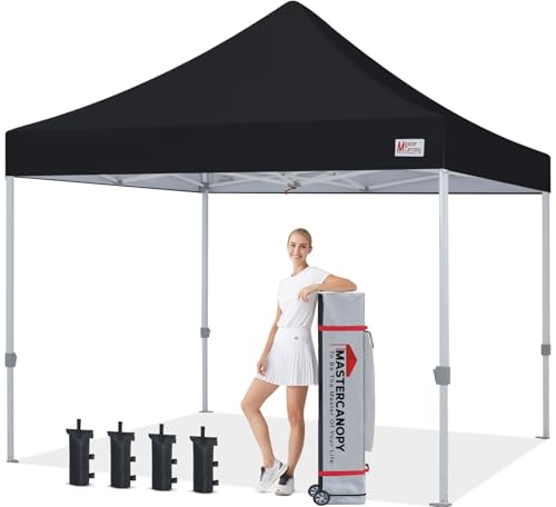 マスターキャノピー（MASTERCANOPY）タープテント ワンタッチ 3M 商用 アウトドア用 三段階調節 スチールフレーム 耐水 UVカット（キャスターバッグ ペグ ロープ ウェイトバッグ付き）（ブラック） 1枚目