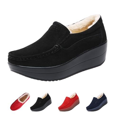 AngryMonkey Women's Winter Fashion Platform Sneakers High Hidden Heel Wedge Moccasin Slip-on Casual Non-Slip Suede Walking Shoes
