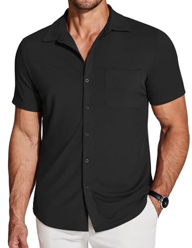 COOFANDY Men's Ribbed Button Down Shirts Short Sleeve Casual Shirt with Pocket Summer Beach Camp Tops