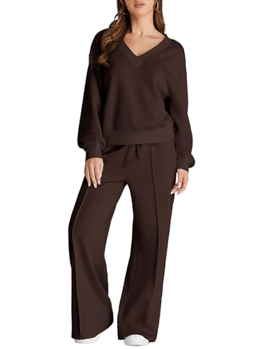 Herseas Women 2 Piece Outfits Sweatsuit 2025 Fall Casual V Neck Sweatshirt with Wide Leg Sweatpants Tracksuit Lounge Set