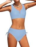 Glaoly Girls Swimsuit 2 Piece V-Neck Cutout Girls' Swimwear Top High Waisted Bikini Bathing Suits Size 9-10 Light Blue