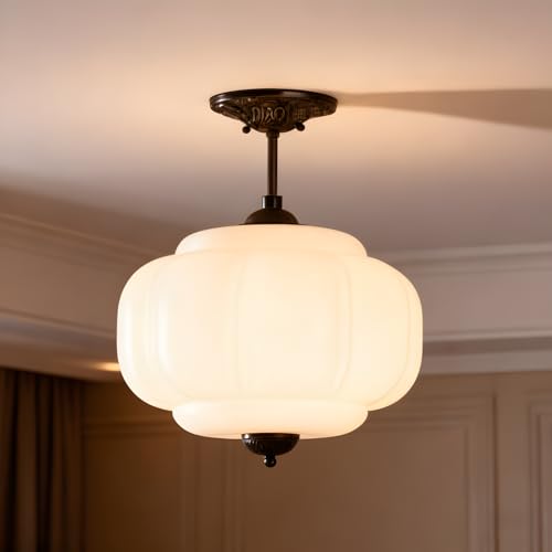 Bofea-Antique Milk Glass Semi Flush Mount Light Schoolhouse Hanging Lights