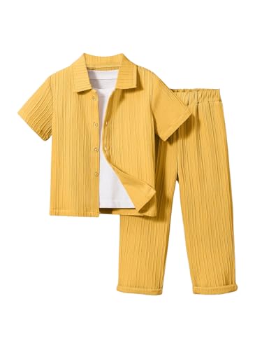 Image of RoseSeek Boy's 2 Piece Outfits Textured Button Down Short Sleeve Collar Shirts Tops and Elastic Waisted Pants