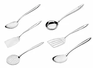 SgnoraWare Stainless Steel Heavy Gauge(1.1 MM) Classic Table/Serving Tools with Oval Spoon(Chamcha),Skimmer(Jharni),Ladle(karchi),Pan Spoon(Chamach).Slotted and Plain Turner(Palta) No.3 Set/6