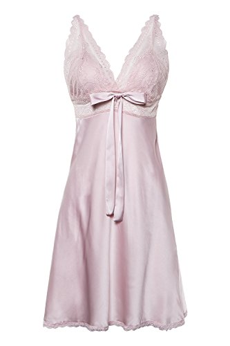 BellisMira - Chemise de Nuit Pyjama en Satin avec Dentelle Nud Papillon