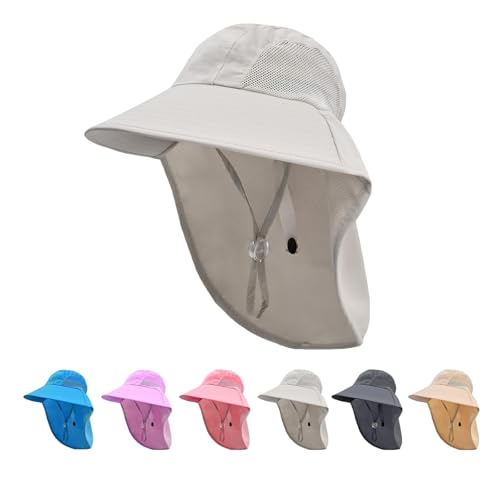 Image of Rosoz Kids Sun Hat with Neck Flap UV Protection Summer Toddler Beach Hat Unisex Ponytail Hat Wide Brim Fishing Hat