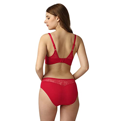 Image of SOIE Women's Full Coverage Padded Bra and Mid Rise Brief with Lace Detailing