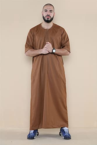 Mens Thobe Jubba Islamic Clothing Kaftan Half Sleeve Robe Moroccan Arab Zipped2