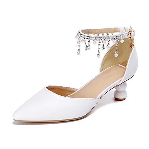 Brautschuhe Damen, Kleid Mit Strass-Fransen Spitzer Zeh Klobige Sandalen...