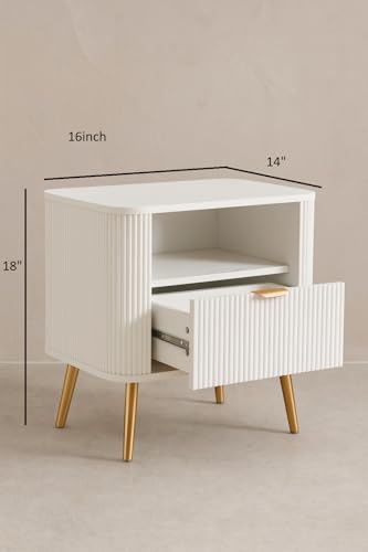 Image of Wooden Bedside Table for Bedroom | Bed Side Table Nightstand with Drawer & Open Shelf|Side Table End Table for Living Room, Home & Hotel | Modern Nightstand with Metal Legs (White)