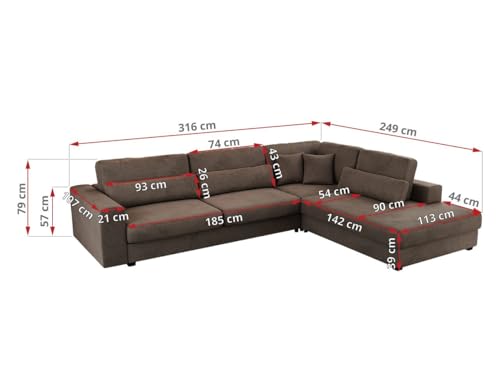 MKS MEBLE Ecksofa Sofa L-Form Braun Velvet, Wohnlandschaft L-Form, Couch L Form, Sofagarnitur Couchgarnitur Polsterecke, Breite: 316 cm - Savona L - Braun Velvet - Rechts – Bild 3