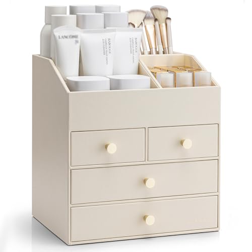 Vlando メイクボックス 大容量 化粧品 収納 コスメ収納 引き出し四つ スキンケア製品、リップスティック、メイクブラシ 収納 コスメボックス 誕生日プレゼント女性（アイボリー）