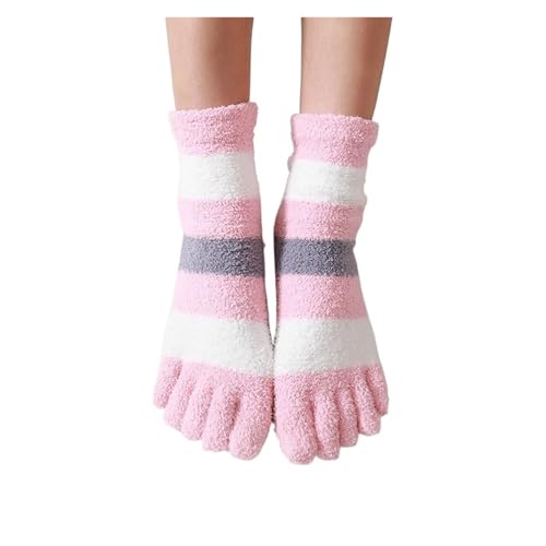 Calcetines Con Dedos 3 pares de calcetines gruesos de cinco dedos mujer niñas invierno cálido calcetín de cama suave y acogedor zapatillas de rayas moradas calcetines con dedos de los pies Para Runnin