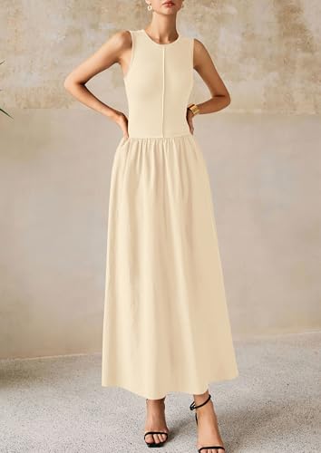 Image of PRETTYGARDEN Maxi Dresses for Women 2026 Summer Casual Sleeveless Patchwork Flowy Vacation Sundress Knit Long Work Tank Dress