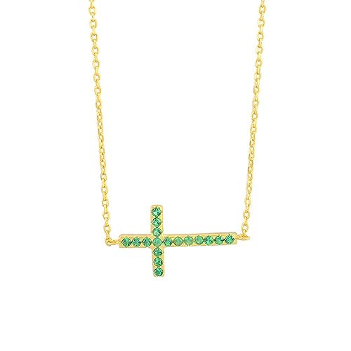SUGARKITTEN LONDON Collar con colgante horizontal de plata de ley con cruz lateral y circonita cúbica verde, talla única, Plata esterlina Zirconia cúbica Plata de ley Oro de 18 quilates Circonita