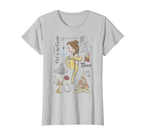 Disney La Belle et la Bête, croquis de Belle et ses amis T-Shirt, Femme, Argent, M