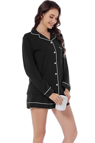 Image of LUBOT 100% Cotton Pajamas for Women PJ Set Soft Button-Down 2 Piece Set Knitted Long Sleeve Sleepwear Loungewear XS-XXL