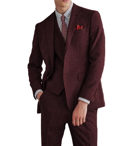 SevenBoy Retro 3 Piece Suit Tweed Herringbone Men's Suits Slim Fit Groom Tuxedos Set Prom Jacket Blazer Vest Pants