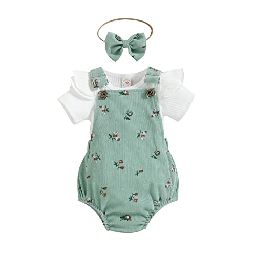BULINGNA Infant Baby Girl Summer Clothes Ruffle Short Sleeve Ribbed T-Shirt Floral Suspender Overalls Bodysuit with Headband (Green, 0-6 Months)