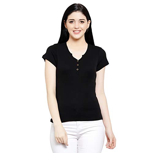 Image of Women Solid Slim Fit Henley V-Neck Button Front Short Sleeve Casual Cotton Top