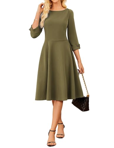 Image of GRACE KARIN Work Dresses for Women 2025 3 /4 Sleeve Fit and Flare Business Midi Dress Classy Office Dresses with Pockets