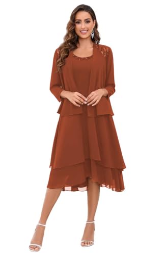 Mother of The Bride Dresses for Wedding Scoop Neck A Line Tea Length Chiffon Women's Formal Dress with Jacket