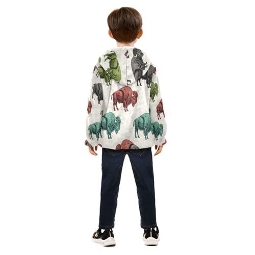 Colorful Bison Pattern Toddler Fleece Jacket Girl Boys Hooded Fleece Jacket Coat Warm Outwear Zip-up 3-10T4