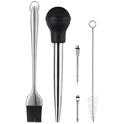Kaycrown Stainless Steel Turkey Baster With BBQ/Grill Basting Brush, Commercial Grade Quality Rubber Bulb Including 2 Flavor Needles And Cleaning Brush For Easy Clean Up Cover