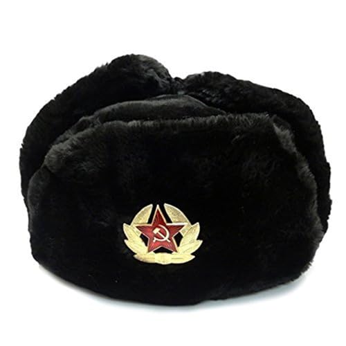 Ushanka Russian Winter Hat - Faux Fur Trapper Hat with Ear Flaps Secret Pocket & Red Star Emblem - Warm Military Style (US Alpha Large Black)