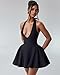 Voghtic Women's Sexy Deep V Neck Halter Backless Mini Dresses Party Clubwear Pleated A Line Short Dress Black