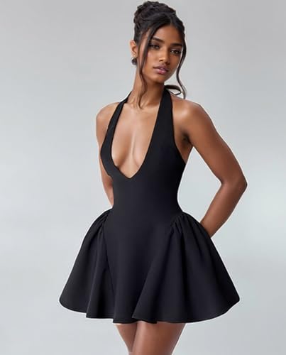 Voghtic Women's Sexy Deep V Neck Halter Backless Mini Dresses Party Clubwear Pleated A Line Short Dress3